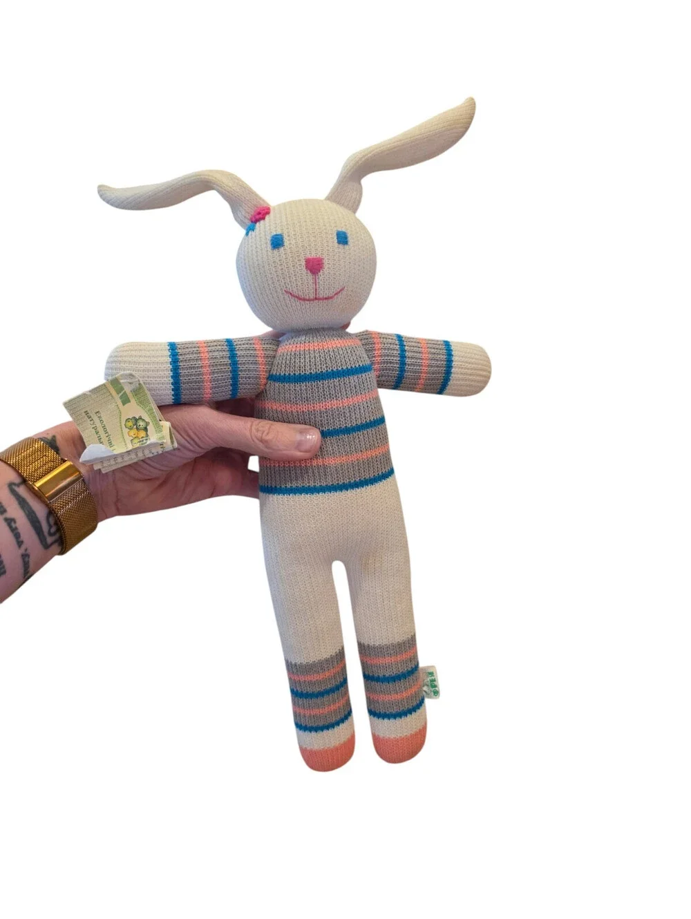 Vintage Knit Crochet Plush Stuffed Animal Bunny Rabbit Pastel Striped Easter